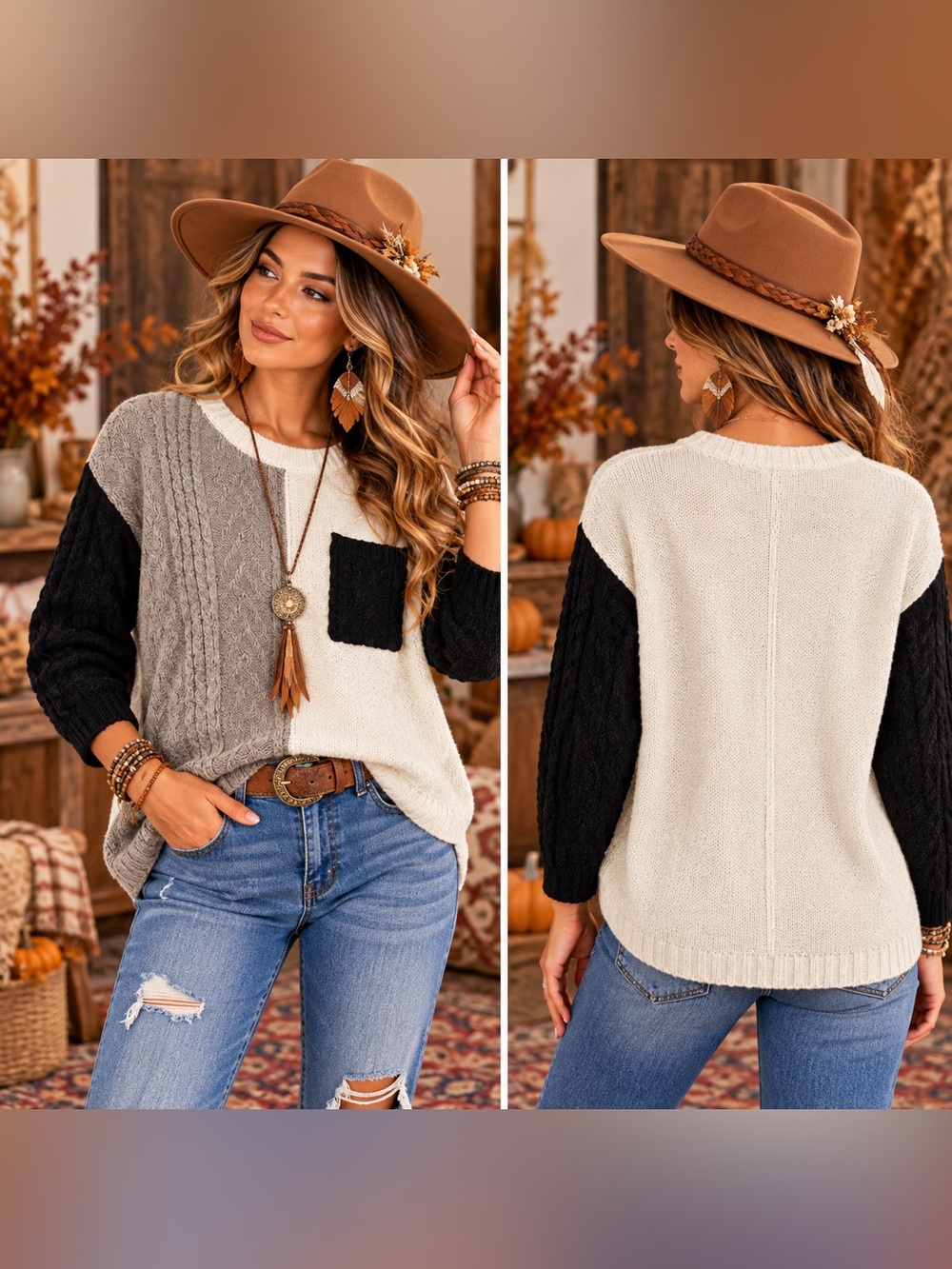 Cozy Colorblock Cable-Knit Crewneck Sweater in Cream, Gray & Black
